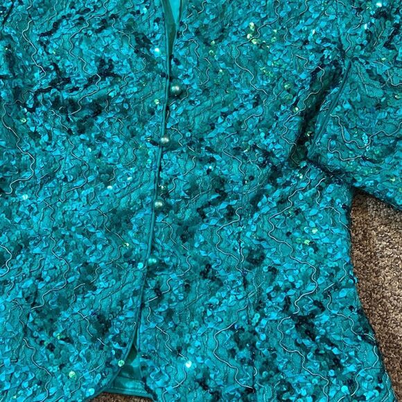 Vintage Nah Nah Collection Women’s Teal Sequin Emerald Turquíes Blazer Size 12 - Picture 3 of 12